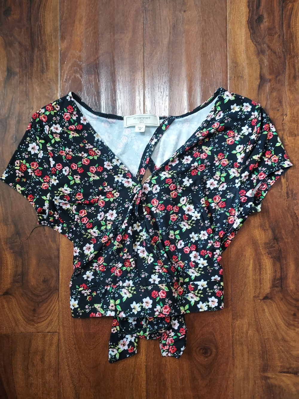 No Comment Floral Tie-Front Black Crop Top